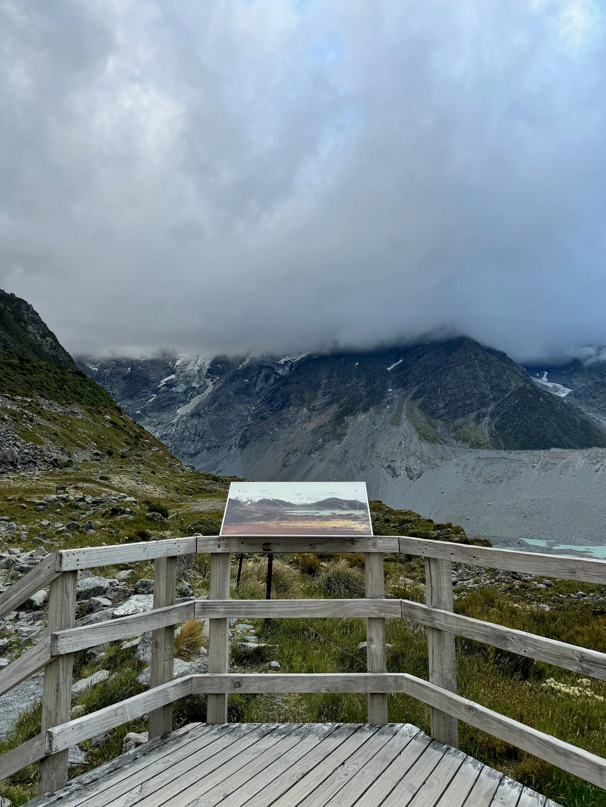 Fog covering the mountains at the Kea Point viewing platform