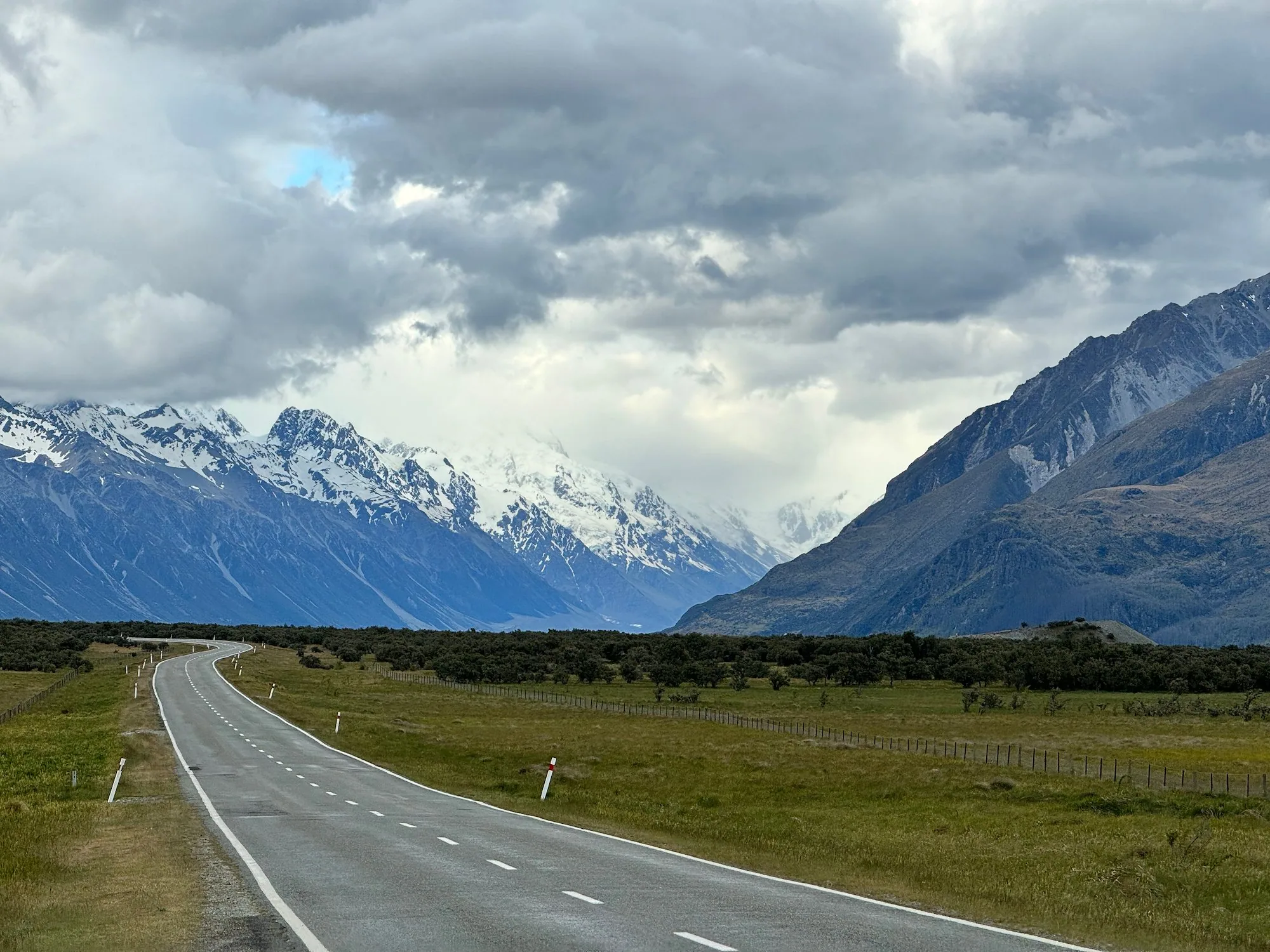 The road to Mount Cook Village beneath heavy clouds