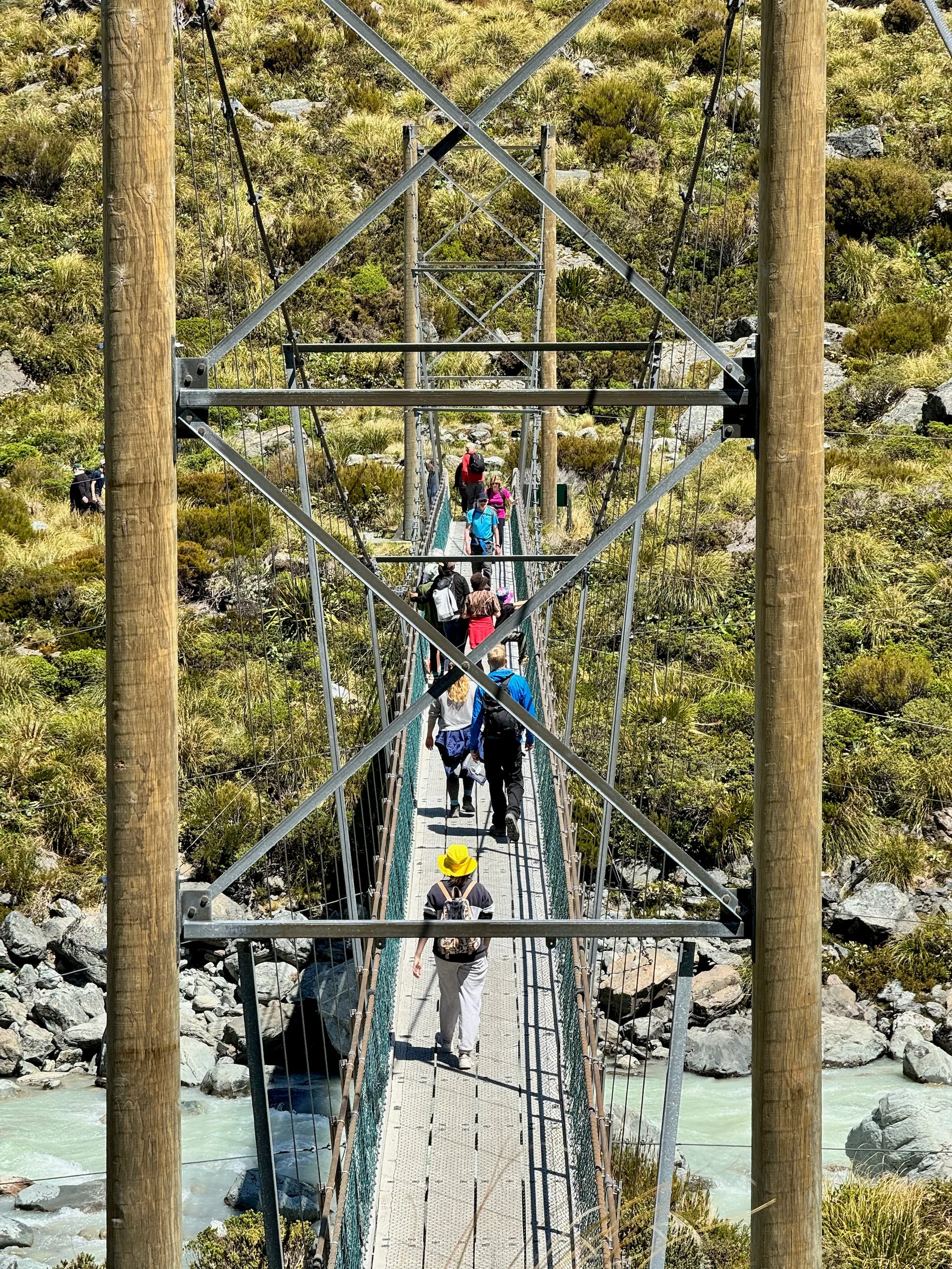A suspension bridge rising above the Hooker River