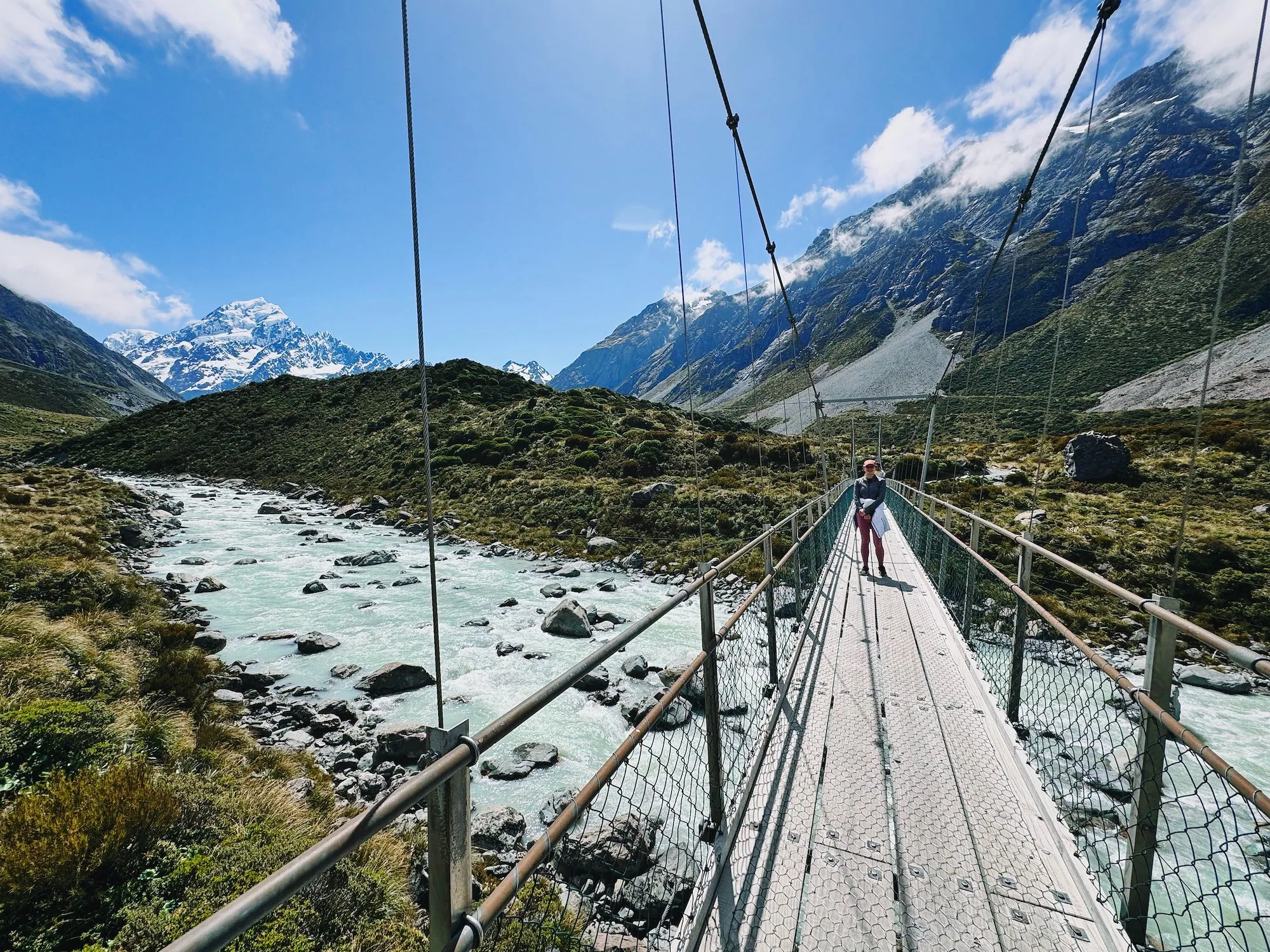 The Hooker Valley suspension bridge spanning the river
