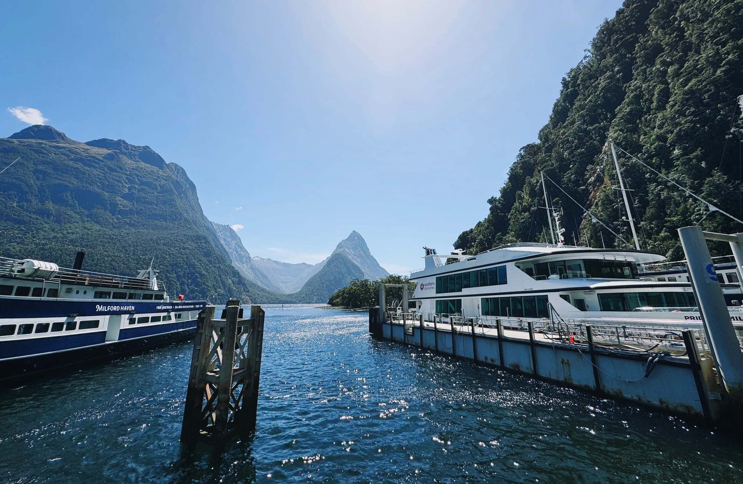 Still water reflecting the mountains near the Milford Sound terminal