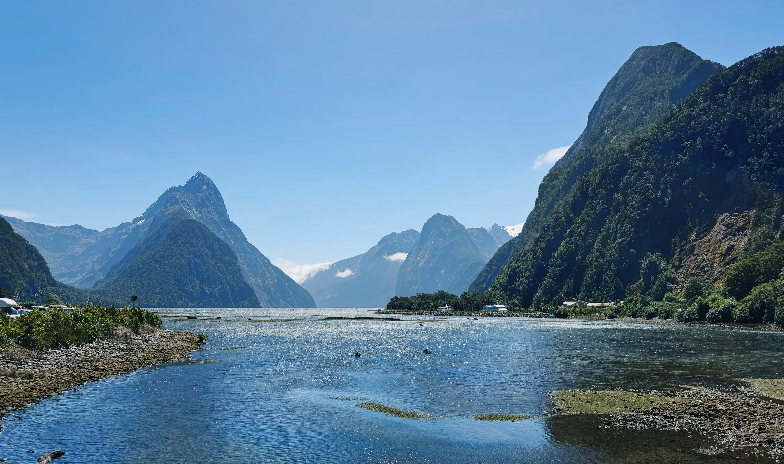 A wide mountain view from the Milford Sound cruise terminal