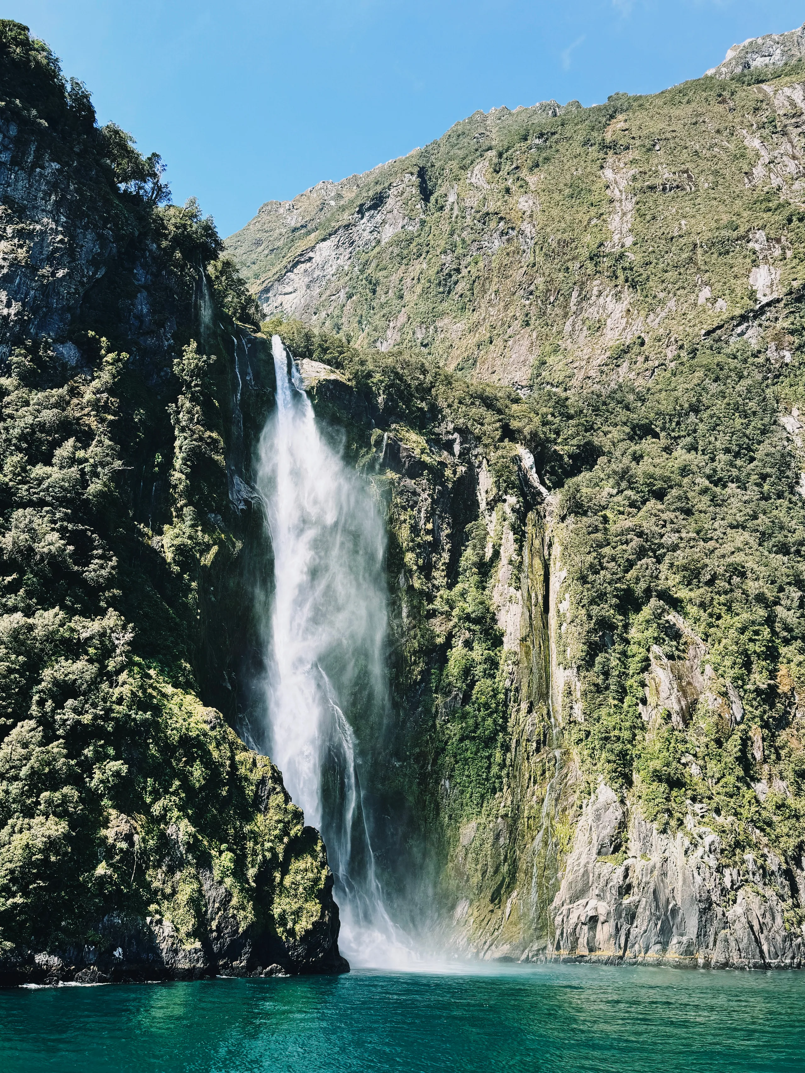 A portrait view of Stirling Falls from the cruise