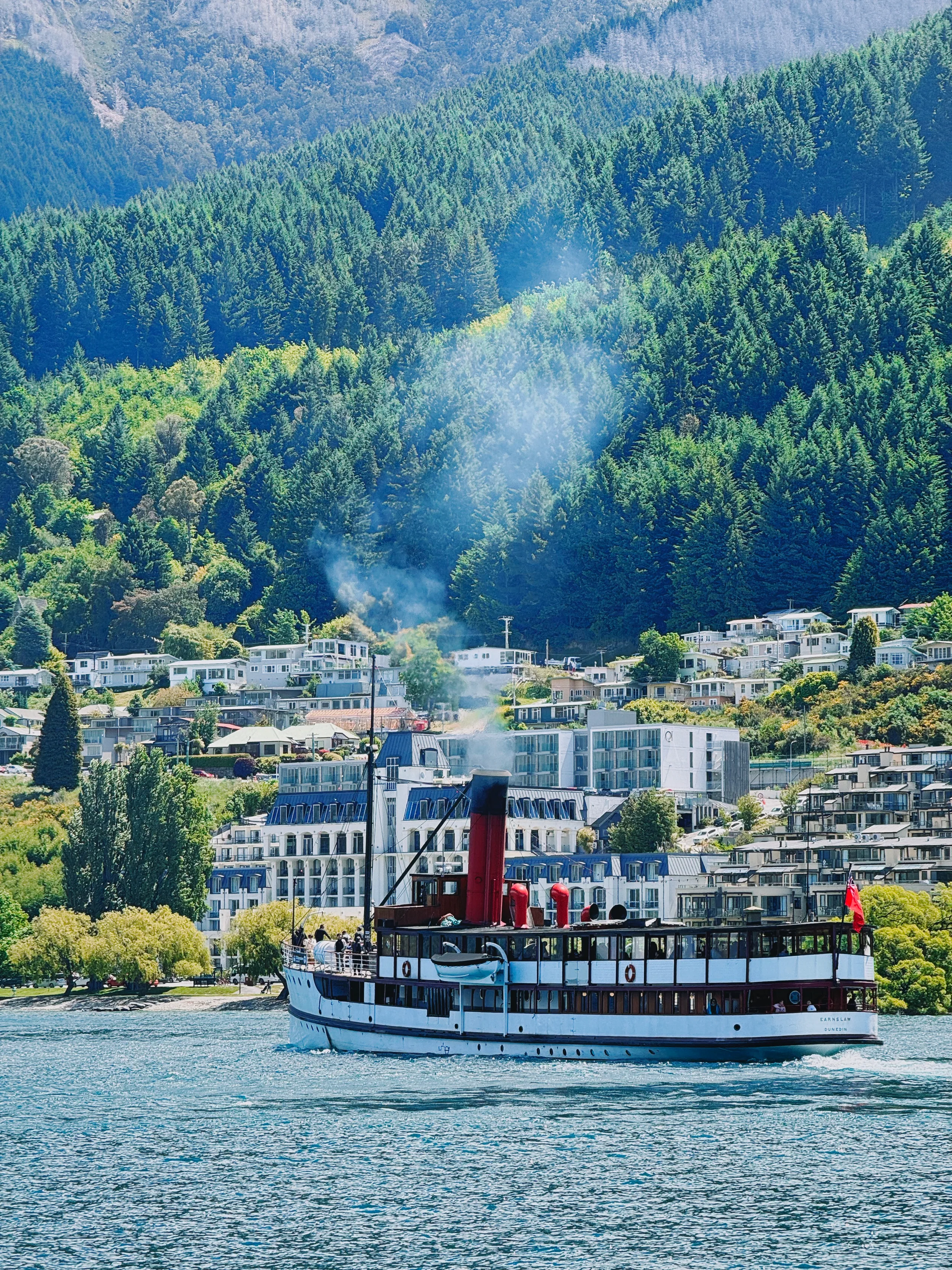 A historic steamship crossing Lake Wakatipu
